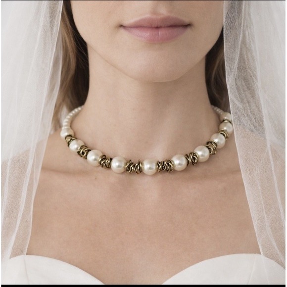 The Unbranded Brand Jewelry - Faux Pearl Choker Necklace Bridal Head Piece Antique Gold Tone Vintage One Size